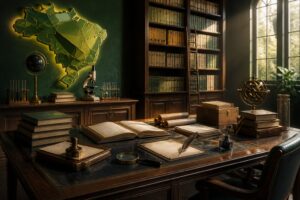 Registro de obras científicas e literárias: guia completo Sala de arquivo brasileira com livros, documentos, instrumentos científicos e um mapa abstrato do Brasil.