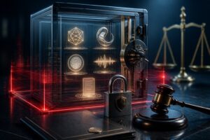Penhora de ativos de propriedade intelectual: como funciona Cofre transparente trancado com símbolos abstratos de propriedade intelectual, um cadeado, um martelo judicial e uma balança ao fundo.