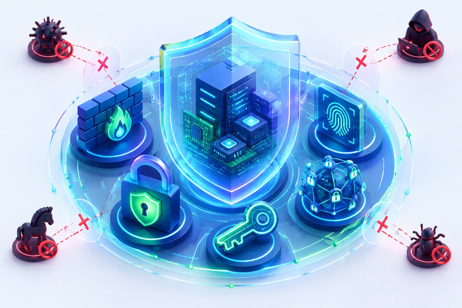 Um escudo digital protege servidores e componentes de software contra ameaças externas.