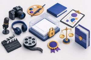 Direitos autorais: é obrigatório registrar no Brasil? Mesa com documentos e equipamentos criativos protegidos por um cadeado, acompanhados de símbolos de justiça e propriedade intelectual.