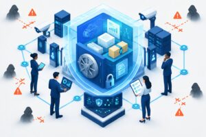 Gestão de riscos para segredos comerciais: evitar vazamentos Equipe protege documentos e dados confidenciais em um cofre digital cercado por escudos, cadeados e sistemas de segurança.