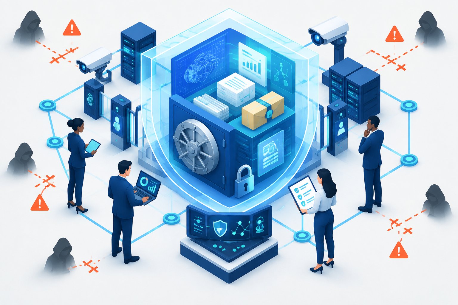 Equipe protege documentos e dados confidenciais em um cofre digital cercado por escudos, cadeados e sistemas de segurança.