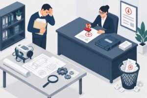 Indeferimento de pedido de patente de invenção: o que fazer Inventor frustrado observa documentos de patente rejeitados ao lado de um protótipo e uma pasta oficial.