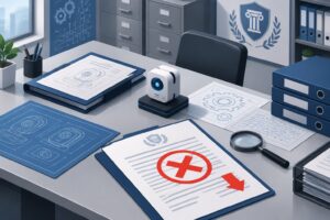 Pedido de patente de invenção indeferido: guia Ilustração de um protótipo e documentos de patente sobre uma mesa, com um símbolo vermelho indicando que o pedido foi rejeitado.