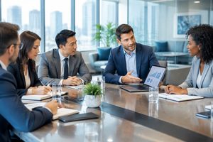 15 dicas vencedoras para escolher o sócio perfeito Equipe diversificada de profissionais reunida em uma sala corporativa moderna, colaborando ao redor de uma mesa.