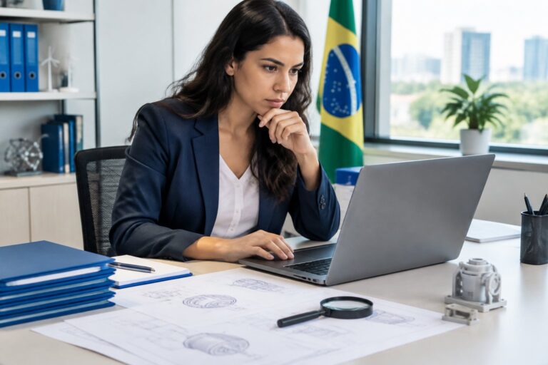 Profissional analisa documentos técnicos e um protótipo em uma mesa de escritório.