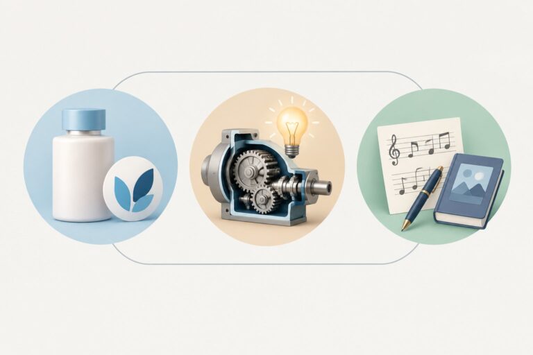 Uma embalagem, um mecanismo inventado e uma folha com símbolos musicais representam três tipos de propriedade intelectual.
