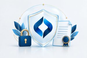 Como proteger o nome e o logotipo da sua empresa Um logotipo abstrato protegido por um escudo, acompanhado por um cadeado e documentos.