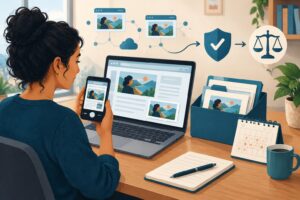 O que fazer se alguém copiar seu conteúdo na internet? Uma pessoa registra em um celular a cópia de seu conteúdo exibida em um laptop.