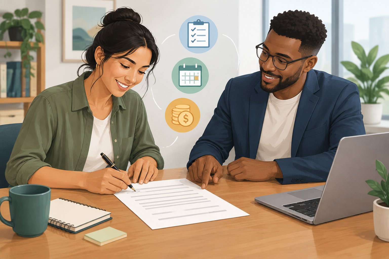 Uma pessoa freelancer e uma cliente revisam e assinam um contrato à mesa.