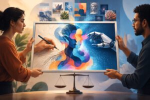 Quem é dono do conteúdo criado com IA? Duas pessoas seguram lados opostos de uma obra digital criada com a colaboração de uma pessoa e um robô.