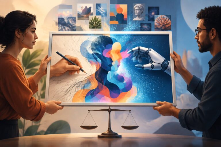 Duas pessoas seguram lados opostos de uma obra digital criada com a colaboração de uma pessoa e um robô.