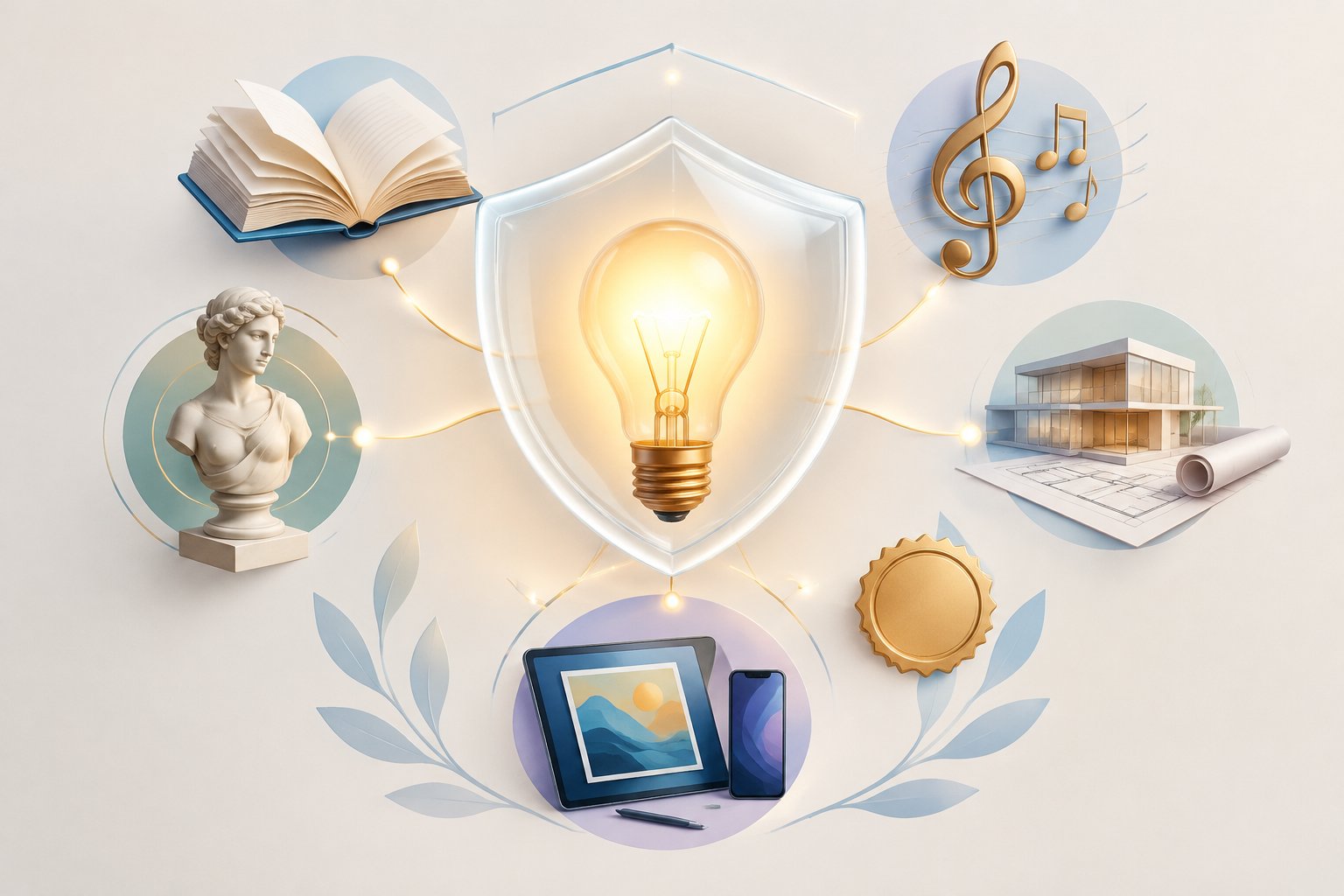 Uma lâmpada protegida por um escudo, cercada por um livro, uma nota musical, uma escultura, um projeto arquitetônico e um dispositivo digital.