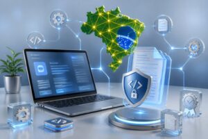 Laptop ao lado de documentos digitais, um escudo de segurança e um mapa estilizado do Brasil conectados por elementos tecnológicos.