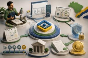 Ilustração tridimensional sobre o processo de registro de marca no Brasil, com documentos, proteção, pesquisa e aprovação organizados ao redor de um símbolo central.