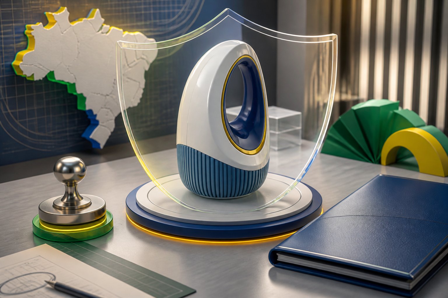 Produto industrial de design sofisticado protegido por um escudo, com documentos e uma representação abstrata do Brasil ao fundo.