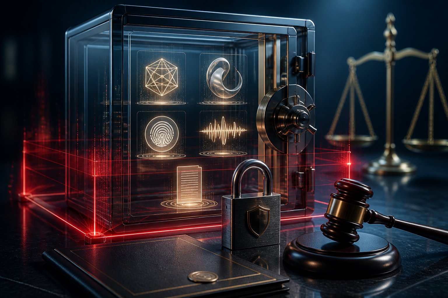 Cofre transparente trancado com símbolos abstratos de propriedade intelectual, um cadeado, um martelo judicial e uma balança ao fundo.