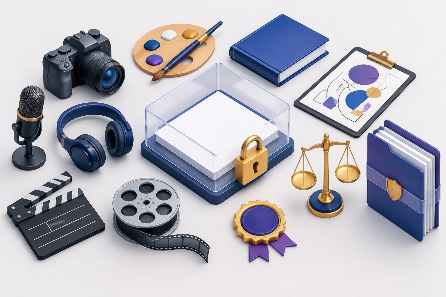 Mesa com documentos e equipamentos criativos protegidos por um cadeado, acompanhados de símbolos de justiça e propriedade intelectual.