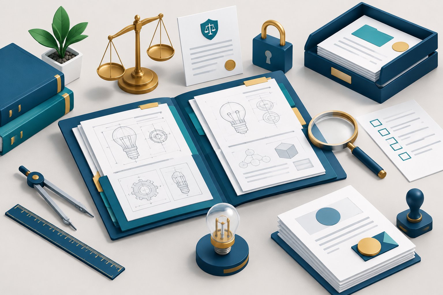 Mesa organizada com documentos técnicos, uma pasta, uma lupa, um cadeado e ferramentas de desenho representando requisitos para uma patente.