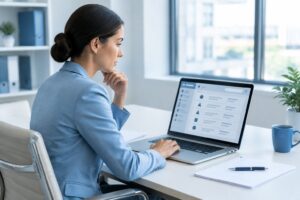 Profissional consulta registros em um laptop em uma mesa de escritório.