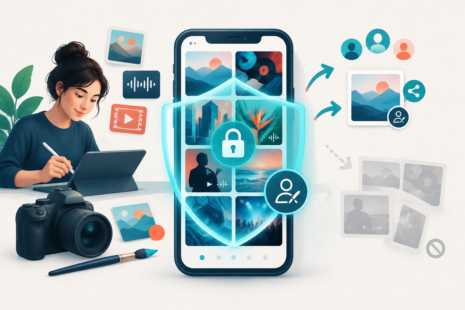 Uma pessoa cria conteúdo digital enquanto um smartphone exibe publicações protegidas por um escudo.