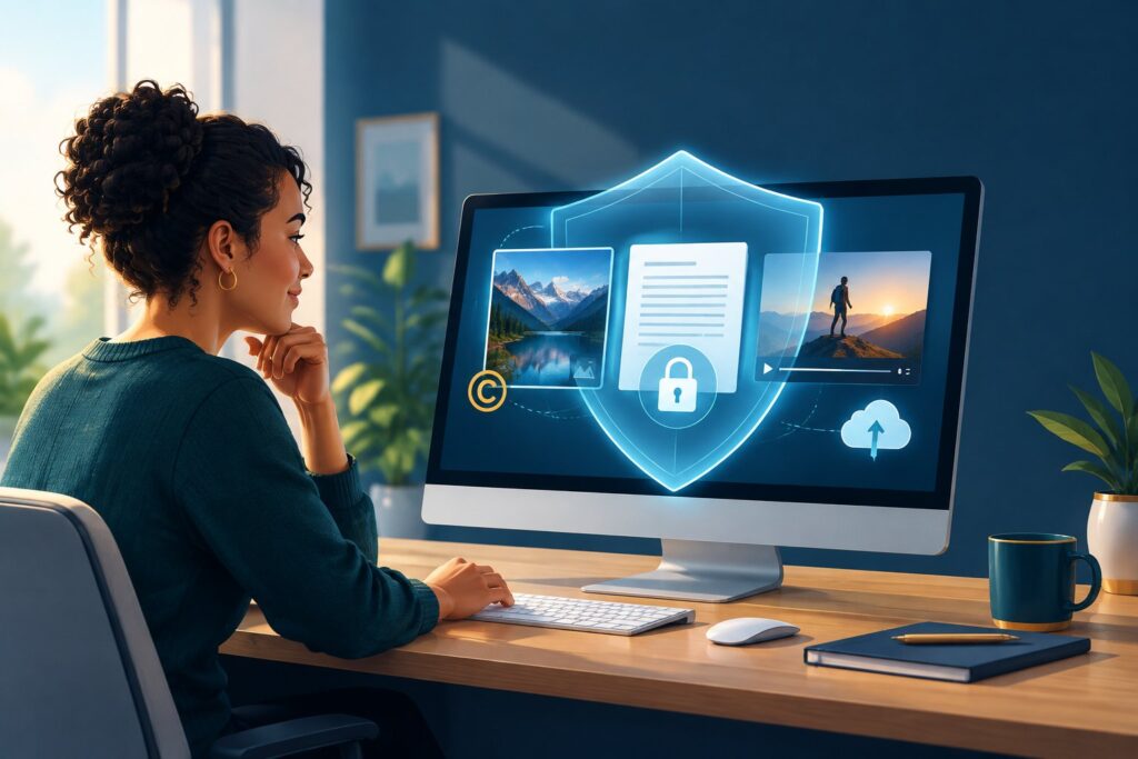 Mulher a utilizar sistema de proteção de dados e direitos de autor digitais no computador.